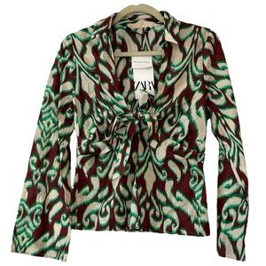 Zara NWT Women’s The Selena‎ Blouse Long Sleeve Tie Front  Sz S